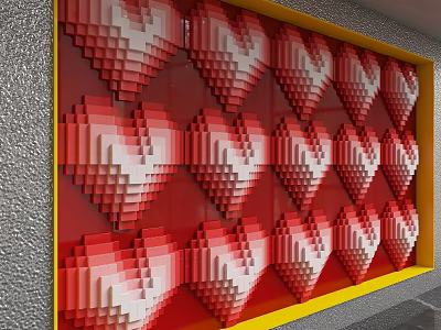 Red and White 3D Heart Patterned Background Wall With Yellow Frame and Grid Arrangement 3d model