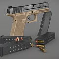Tactical Pistol With Tan Grip Black Frame And Spare Magazines Bullets