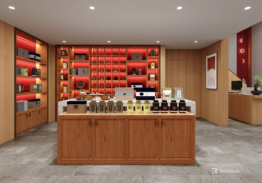 Specialty Store Interior With Wooden Counter And Shelves Displaying Various Products 3d model 