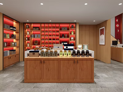 Specialty Store Interior With Wooden Counter And Shelves Displaying Various Products 3d model
