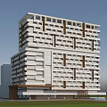 Modern High Rise Office Building With Geometric Facade And Landscaped Entrance