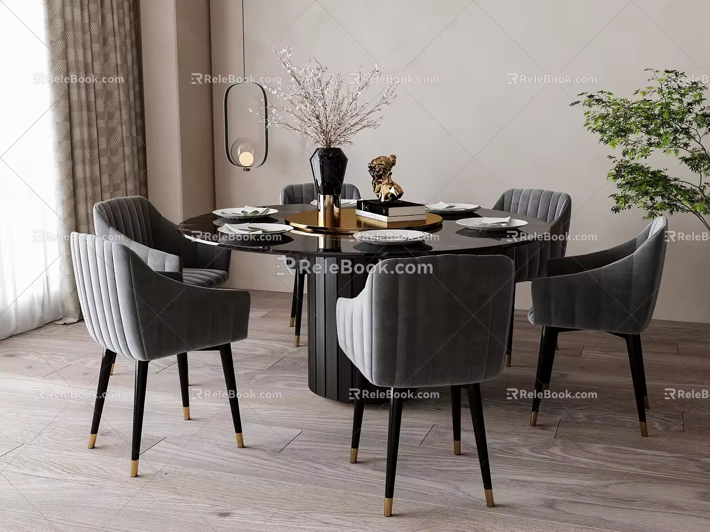 New Chinese Round Dining Table and Chair Combination 3d model
