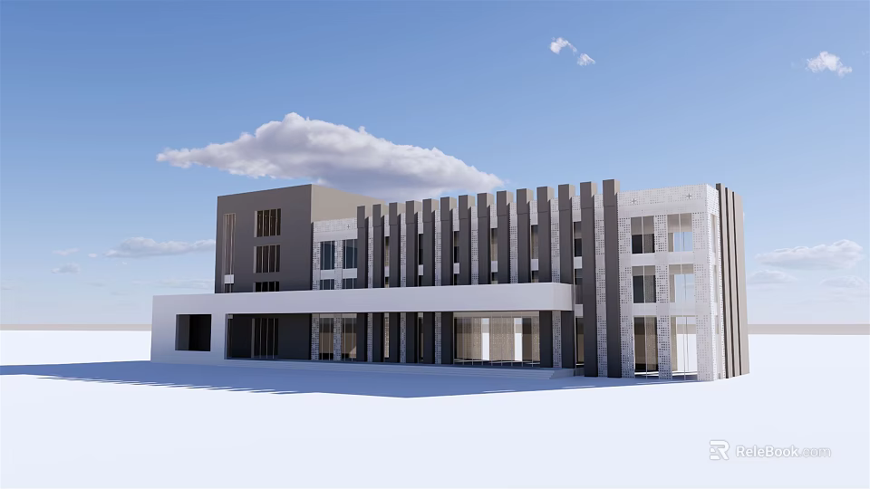 Modern Office Building Exterior With Gray White Facade Large Windows And Horizontal Cladding 3d model