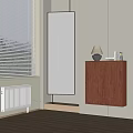 Modern Room Interior With Brown Wall Cabinet Window Blinds Mirror Pendant Light And Table Lamp