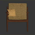 Modern Wooden Frame Chair With Brown Fabric Seat And Orange Geometric Pillow