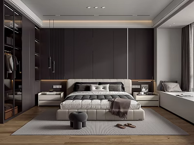 Modern Bedroom Interior With King Bed Dark Wall Wardrobe And Wooden Floor 3d model