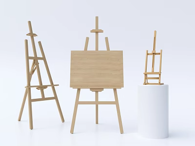 Wooden Artist Easels Display Setup With Central Canvas Board And Small Easel On White Pedestal 3d model