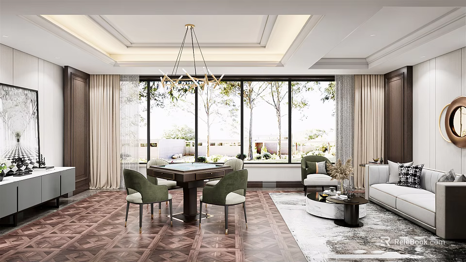 Modern Hotel Mahjong Room Interior With Chandelier Large Windows And Comfortable Chairs 3d model 