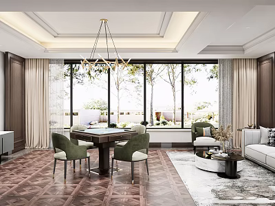 Modern Hotel Mahjong Room Interior With Chandelier Large Windows And Comfortable Chairs 3d model
