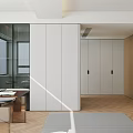 Modern Walk in Closet Interior With White Cabinets Open Hanging Area And Herringbone Wood Floor