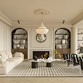 Elegant Living Room Interior Design With White Sofa Fireplace Checkered Rug And Bookshelves