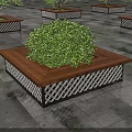 Square Tree Planter with Wooden Top and Green Shrub in Stone Paved Area