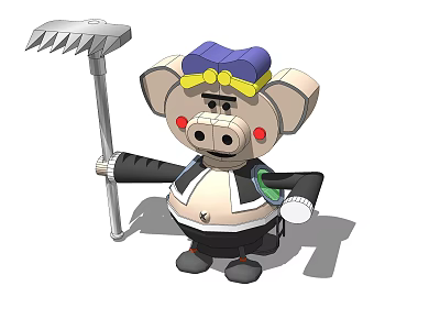 Pig Stuffed Toy With Blue Hat Yellow Decoration Black Coat White Apron Holding Rake 3d model