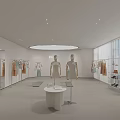 Modern Minimalist Showroom Interior With Mannequins Round Table Conical Decor And White Dark Walls