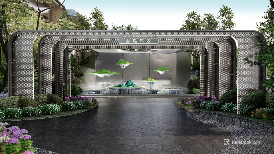 Scenic Wall With Arch Structure Water Feature And Green Decorative Plants 3d model 