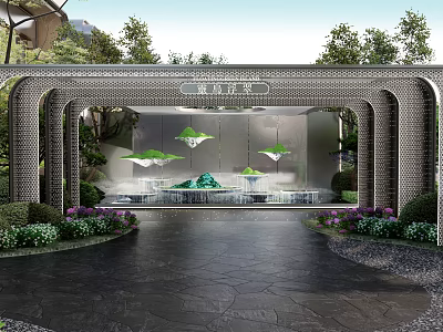 Scenic Wall With Arch Structure Water Feature And Green Decorative Plants 3d model