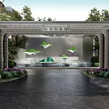 Scenic Wall With Arch Structure Water Feature And Green Decorative Plants