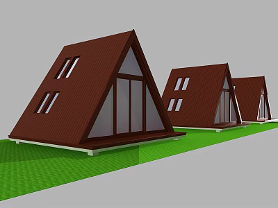 Triangular Roof Wooden House With Brown Exterior Large Glass Windows And Green Lawn 3d model