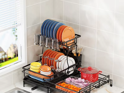 Modern Kitchen Dish Storage Rack With Colorful Plates Glasses Bowls Red Pot And Vegetable Trays 3d model