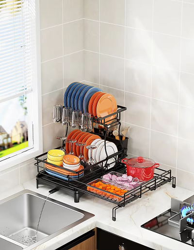 Modern Kitchen Dish Storage Rack With Colorful Plates Glasses Bowls Red Pot And Vegetable Trays 3d model