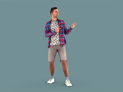 Man In Plaid Shirt And Shorts Pointing While Standing On Gray Background 3d model