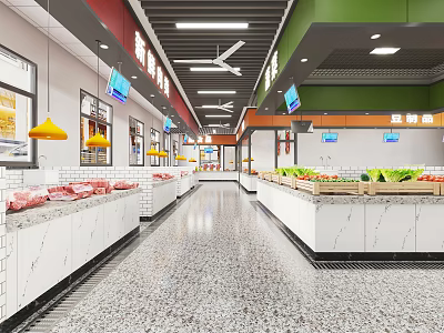 Supermarket Department Store Interior With Fresh Produce Meat Counter And Grocery Shelves 3d model