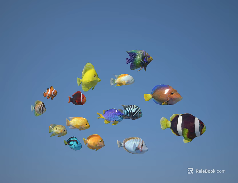 Colorful Tropical Fish Swimming Together In Clear Blue Water With Diverse Patterns 3d model 