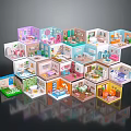 Cartoon Scenes of Colorful Hexagonal Houses with Miniature Rooms Including Bedroom and Living Room