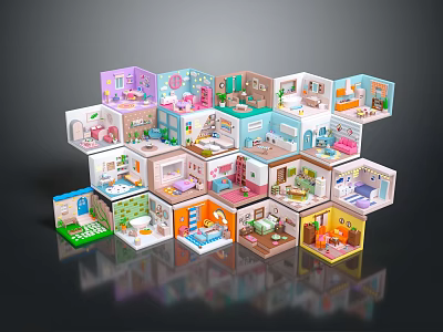 Cartoon Scenes of Colorful Hexagonal Houses with Miniature Rooms Including Bedroom and Living Room 3d model