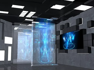 Futuristic Tech Room With Holographic Projection Blue Interface Wall Displays And Ceiling Lights 3d model
