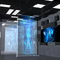 Futuristic Tech Room With Holographic Projection Blue Interface Wall Displays And Ceiling Lights