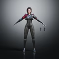 Female Character In Black Bodysuit With Red Shoulders Standing Against Black Background With Small Objects