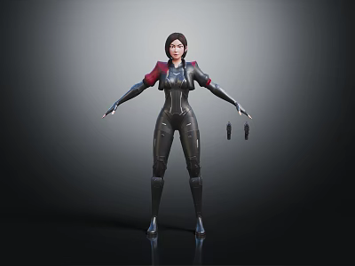 Female Character In Black Bodysuit With Red Shoulders Standing Against Black Background With Small Objects 3d model