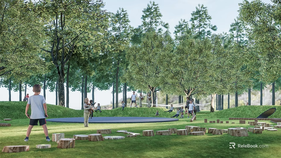 Natural Children's Play Area With Grassland Tree Stumps Kids Playing Surrounded By Trees 3d model 