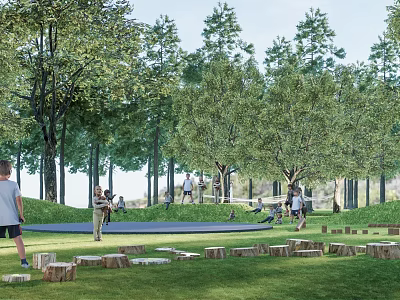 Natural Children's Play Area With Grassland Tree Stumps Kids Playing Surrounded By Trees 3d model