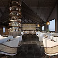 Elegant Modern Restaurant Interior With Spiral Wine Rack Pendant Lights Dining Tables And Sea View