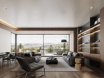 Modern Living And Dining Room Space With Large Windows Mountain Views Sofa And Wooden Shelves 3d model