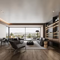 Modern Living And Dining Room Space With Large Windows Mountain Views Sofa And Wooden Shelves