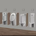 Four White Wall Mounted Urinals With Wooden Dividers In Public Restroom Interior