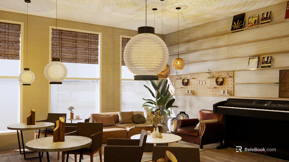 Warm Cozy Café Interior With Hanging Lamps Sofa Seats And Green Plants 3d model 