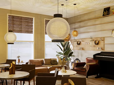 Warm Cozy Café Interior With Hanging Lamps Sofa Seats And Green Plants 3d model