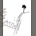 Minimalist Landscape Painting Featuring Single Tree on Mountain Slope and Flying Birds