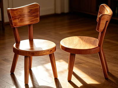 Natural Wooden Stools With Curved Backrest On Wooden Floor In Warm Sunlight 3d model