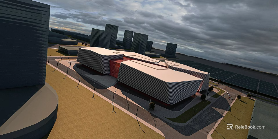 Aerial Planning of Modern Architectural Complex With Unique Roof Design and Surrounding High-Rise Buildings 3d model 