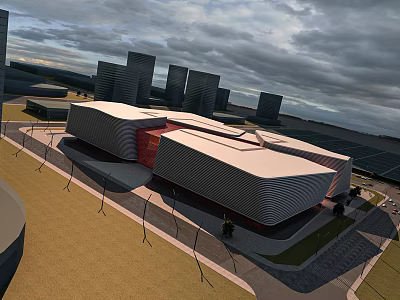 Aerial Planning of Modern Architectural Complex With Unique Roof Design and Surrounding High-Rise Buildings 3d model