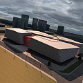 Aerial Planning of Modern Architectural Complex With Unique Roof Design and Surrounding High-Rise Buildings