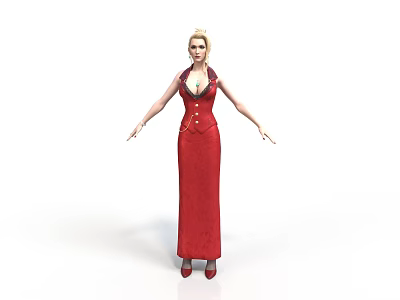 Woman In Long Red Dress With V Neck Design Standing On White Background 3d model