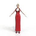 Woman In Long Red Dress With V Neck Design Standing On White Background