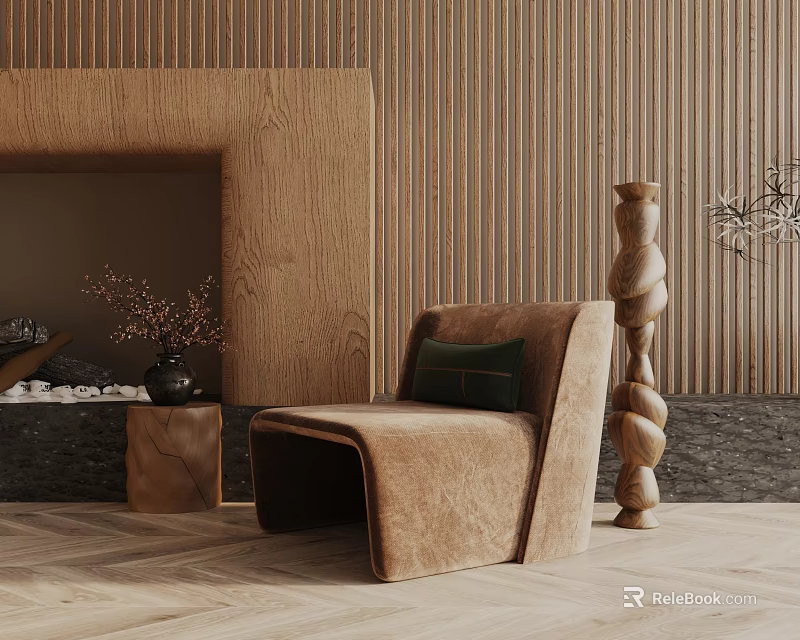 Brown Velvet Accent Chair With Green Cushion On Herringbone Wood Floor And Wooden Slat Wall 3d model 