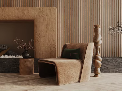 Brown Velvet Accent Chair With Green Cushion On Herringbone Wood Floor And Wooden Slat Wall 3d model